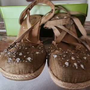 Women's Embellished Tan Espadrille Wedges - Brand: